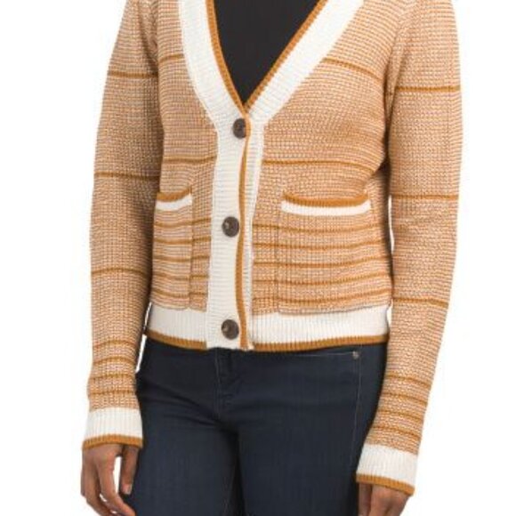 Belldini Los Angeles Varsity Trip Cotton Textured Knit Cardigan Ecru Size S/P - Picture 2 of 9